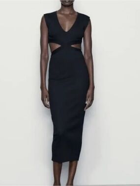 Zara Black Ribbed Sleeveless Cut Out Sides Midi Bodycon Dress Size Small
